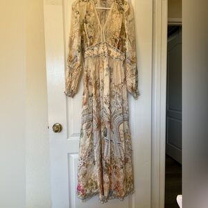 Floral Cream Maxi Dress women XL linen